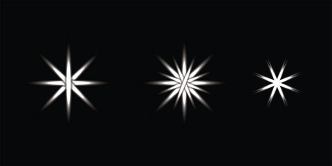Fototapeta premium Elegant glowing starburst sparkle icon set. Radiant light burst symbols isolated on black background. Modern luxury vector collection for branding, web, print, and creative graphic design.