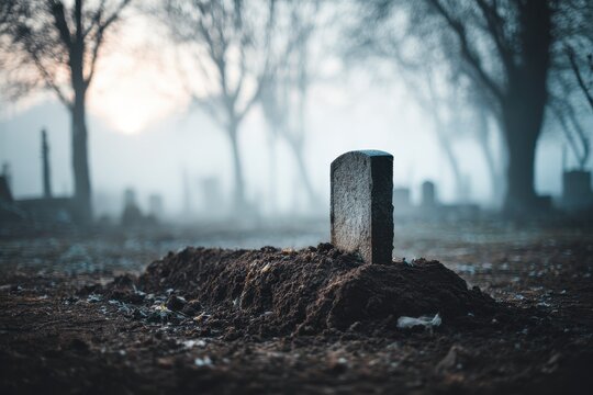 Dawn cemetery scene: freshly dug grave with a lone headstone