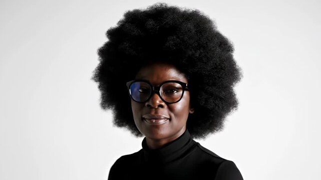 Side profile of a Black woman with a large natural afro hairstyle wearing black frame glasses and a black turtleneck top, isolated on a light gray studio background.