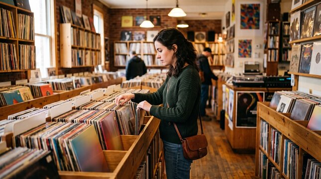 Woman browsing vinyl records in a vintage record store with brick walls and wooden shelves filled with albums