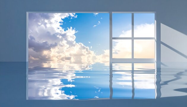 A serene sky with fluffy clouds and sunbeams through a window