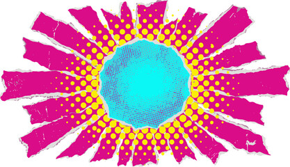 Retro pop art sunburst vector, vibrant pink and cyan halftone explosion, distressed comic book style sun graphic for creative poster design © 成 sнıηяα тєηsєı ツ