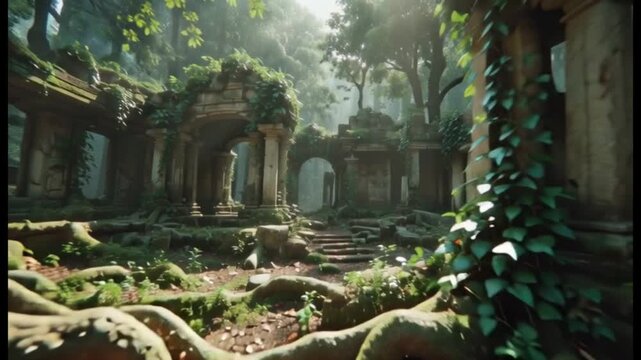 Ancient Jungle Ruins Overgrown Temple, Stone Columns, Mystical Forest Setting