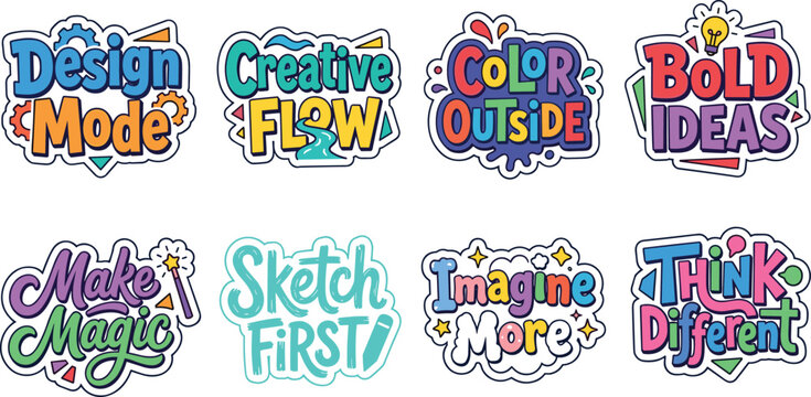 Creative Motivation Sticker Vector Set Featuring Design Mode, Creative Flow, Color Outside, Bold Ideas, Make Magic, Sketch First, Imagine More, and Think Different