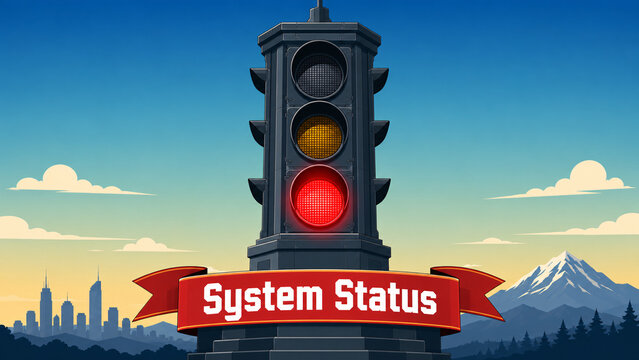 Traffic light showing red light with "System Status" ribbon, digital concept of stop or service interruption