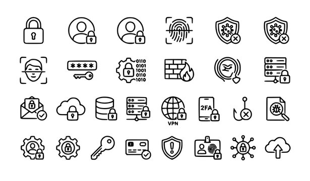 Cybersecurity Data Privacy and Digital Protection Line Icons Vector Set