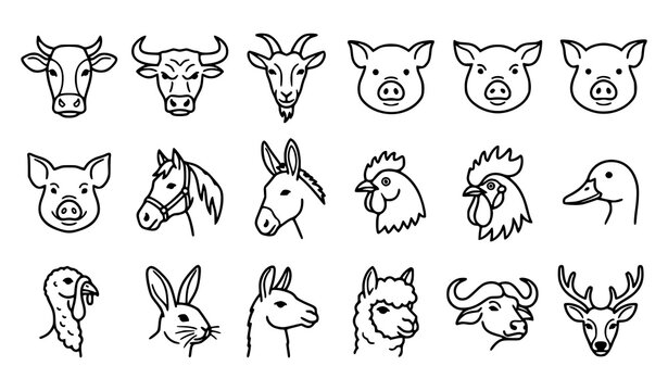 Farm Animal Head Outline Icons Black and White Vector Collection