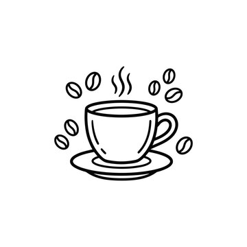 Steaming hot coffee cup with beans.