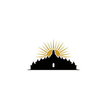 Minimalist Borobudur temple silhouette with sun rays.