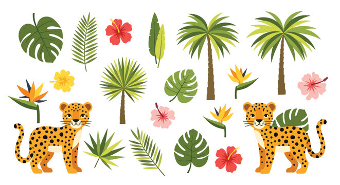 Colorful tropical flowers and palm leaves arrangement on white.