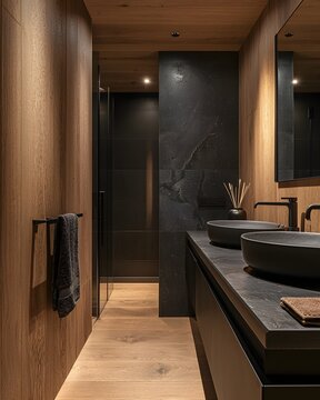 Modern powder room with black basin and wood walls banner