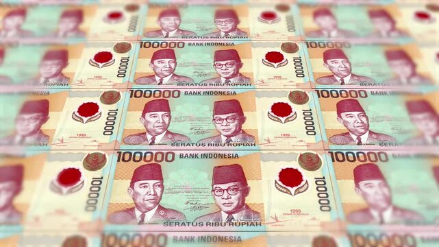 Indonesian 10000 rupiah banknote packs falling loop. Indonesian money note fall. 3D seamless looped isolated abstract concept of economy, finance, crisis, success and banking.