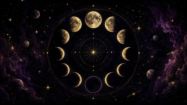 Stunning Celestial Illustration Featuring Complete Lunar Phase Cycle Arranged in Decorative Golden Geometric Frame Surrounded by Cosmic Planets, Glowing Stars, and Ethereal Purple Nebula Clouds