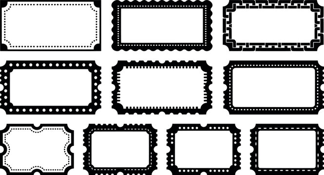 Collection of ticket style frames and postage stamp borders transparent background