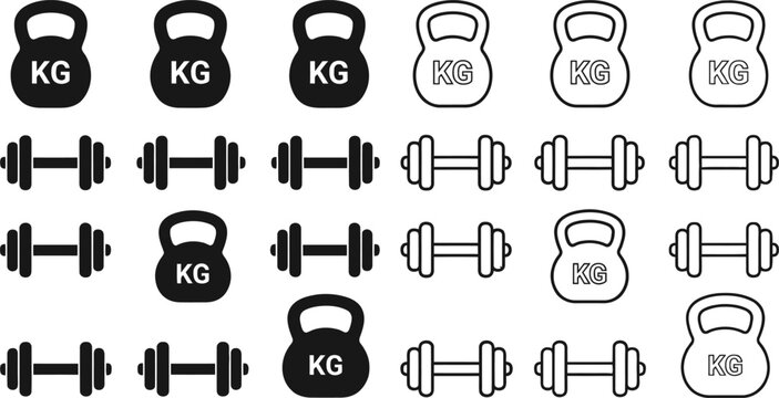 Fitness equipment icons kettlebells and dumbbells black and white vector set