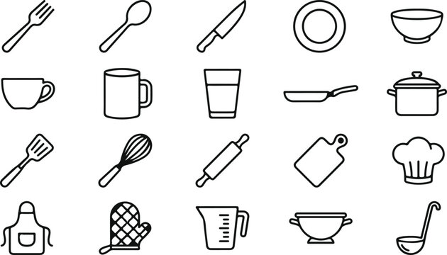 Food vector bundle with kitchen utensils and dishware icons