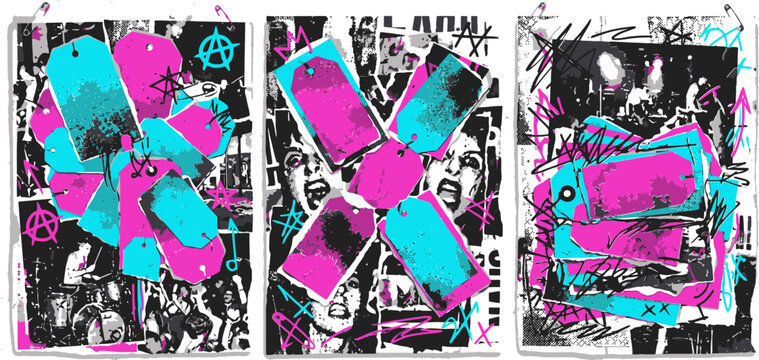 Punk rock collage posters with price tags, edgy grunge street art background, neon pink and cyan anarchy aesthetic vector illustrations