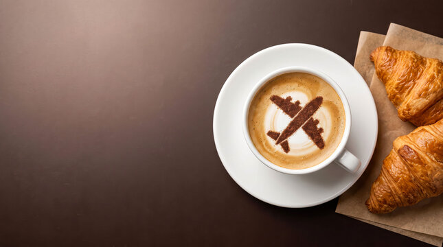 Coffee with latte art airplane in white cup