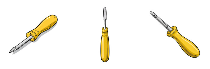 Fototapeta premium Set of screwdrivers with yellow handles shown from different angles