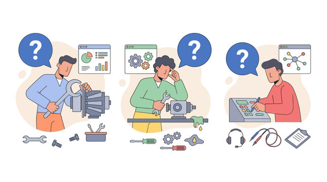 Mechanics puzzled by repairs, troubleshooting, and complex machinery, questioning solutions.