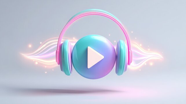 Glossy listen now button with headphones and neon glow for modern media UI illustration