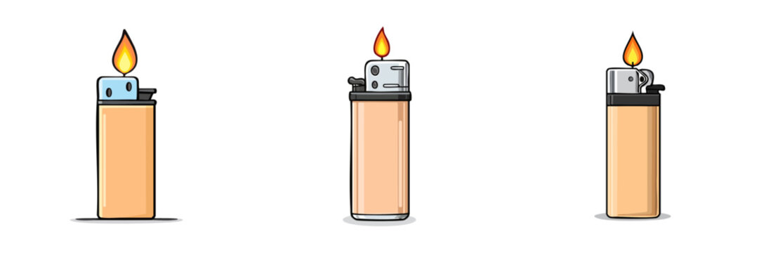 Collection of orange cigarette lighters with a flame ignited