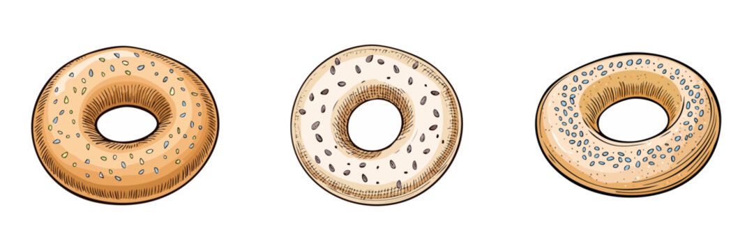 Collection of three baked bagels with assorted toppings presented in a row, showcasing a hand-drawn artistic style
