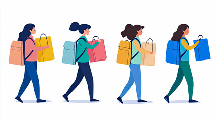 Fototapeta premium Set of Four Young Women Walking With Backpacks and Shopping Bags, Representing Consumerism, Student Life, and Fashionable Retail Activity in Modern Flat Design Illustration Style