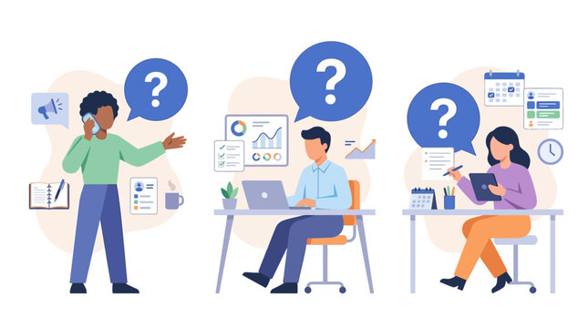 Business team confused about tasks, deadlines, and planning, asking questions