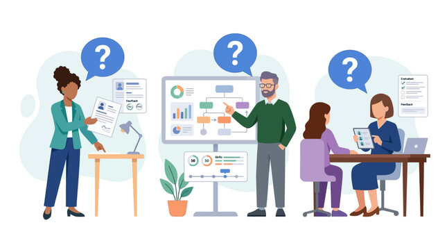 Teamwork and problem solving in a modern office setting with question marks