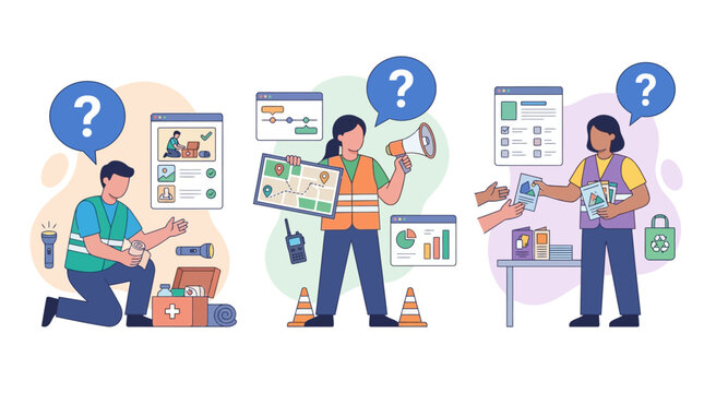 Emergency preparedness illustration with safety gear, maps, and first aid kit.