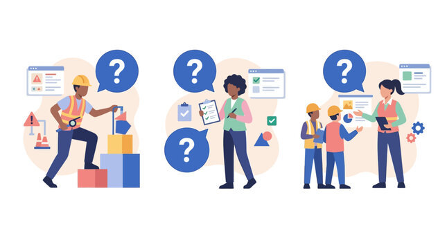 Construction workers with question marks, checklists, and blueprints, safety concept