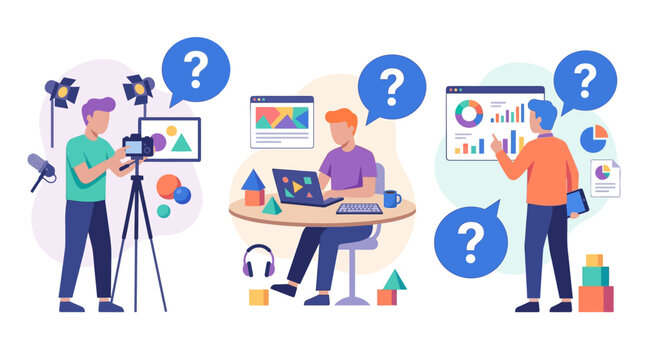 People creating content, coding, and analyzing data with question marks