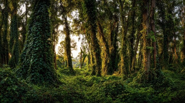 Golden light filters through kudzu vines across a tranquil forest panorama