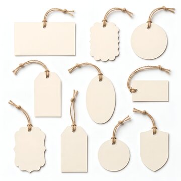 Blank paper tags with twine strings on white background
