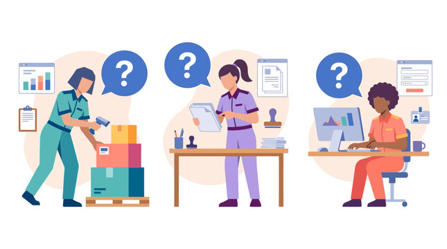 Warehouse workers with question marks, logistics, sorting packages, data entry, inventory