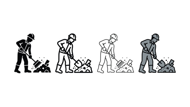 Construction worker silhouettes performing various tasks with tools on a white background including digging and demolition work