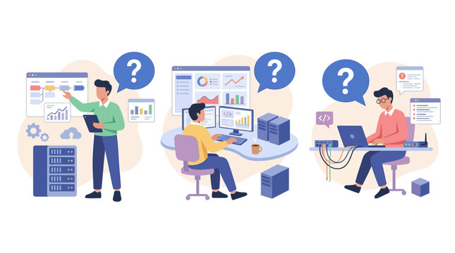 IT Professionals working with servers, data analysis, and coding, facing questions