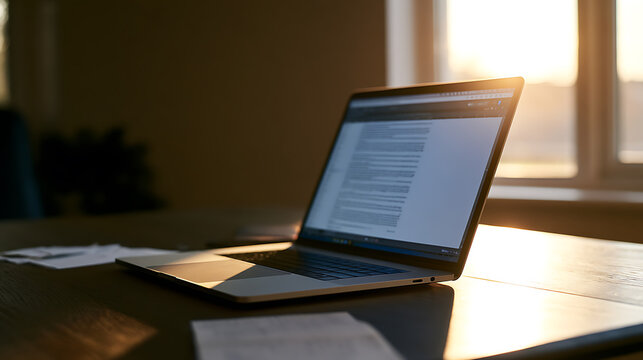 Modern laptop display with bright screen on a wooden desk near a window at sunset, showcasing technology and productivity