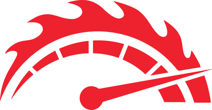 Red Speedometer Icon with Fire Flames Vector Illustration for Car Racing Logos, Performance Tuning Websites, Fast Delivery Apps, and Automotive Designs