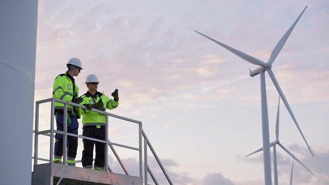 Engineers wearing safety helmets and jackets inspecting a wind turbine at wind farm at sunset. Concept renewable energy, sustainable technology wind power maintenance and environmental engineering.