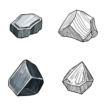 Assortment of unique rough uncut gemstones and minerals in sketch style.