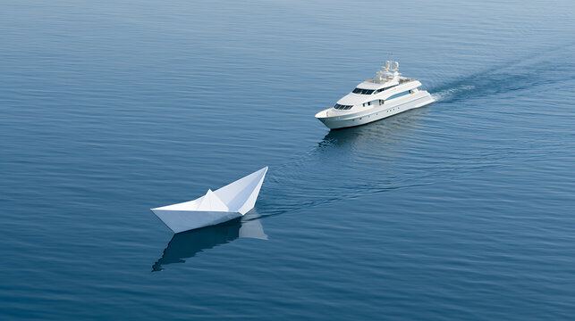 A small paper boat sails alongside a large, luxurious ship on tranquil blue waters, symbolizing the contrast between humility and grand ambition