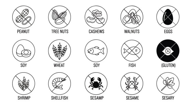 Assorted seafood and nuts icons for food and diet use.