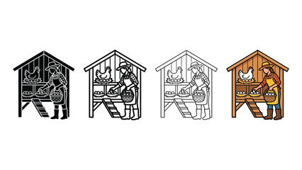 Four progressive stages of a hand drawn chicken coop illustration with a farmer selling eggs line art style © Shafia