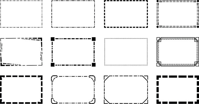 Set of various dashed and dotted rectangular frames, vector illustration transparent background