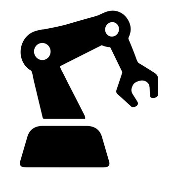 Black silhouette of an industrial robotic arm with articulated joints and gripper, minimalist icon representing factory automation, robotics, manufacturing and mechanical manipulation
