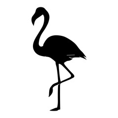 Naklejka premium Black silhouette of a flamingo standing on one leg, minimalist high-contrast bird profile isolated on white background, showcasing elegant curved neck and long slender legs