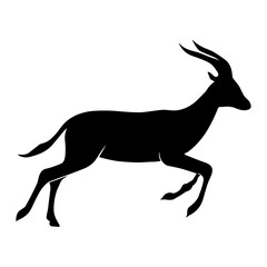 Fototapeta premium Minimalist black silhouette of a graceful leaping antelope in profile with curved horns and extended legs captured mid-stride against a stark white background
