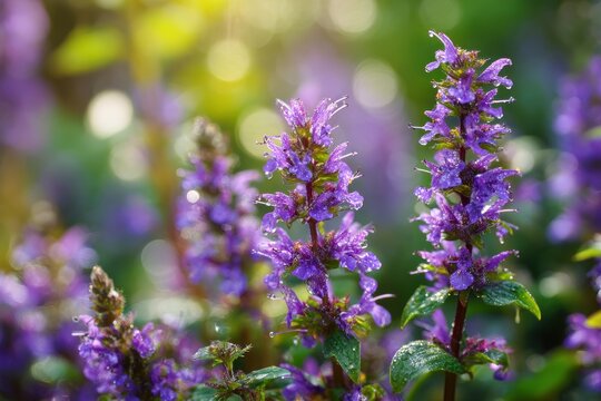 Close-up of purple hyssop flowers in a sunlit herb garden